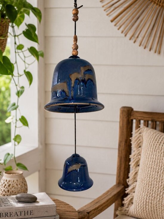 Handmade Other - Handmade Raku Pottery Wind Chime | Blue & Brown Glazed Ceramic Bells